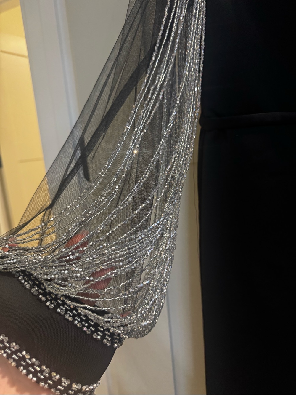 Mac Duggal Black Evening Gown with Beaded Sheer Sleeves - Picture 3 of 4